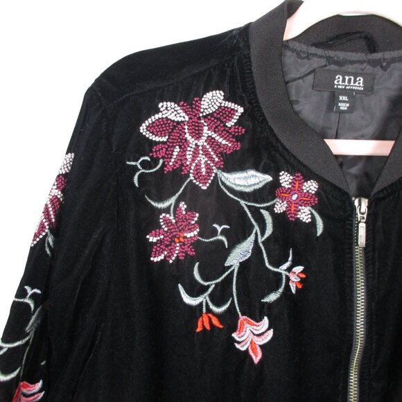 a.n.a. Womens Velvet Jacket XXL Black Full Zip Pockets Rose Embroidery Lined - Picture 4 of 8